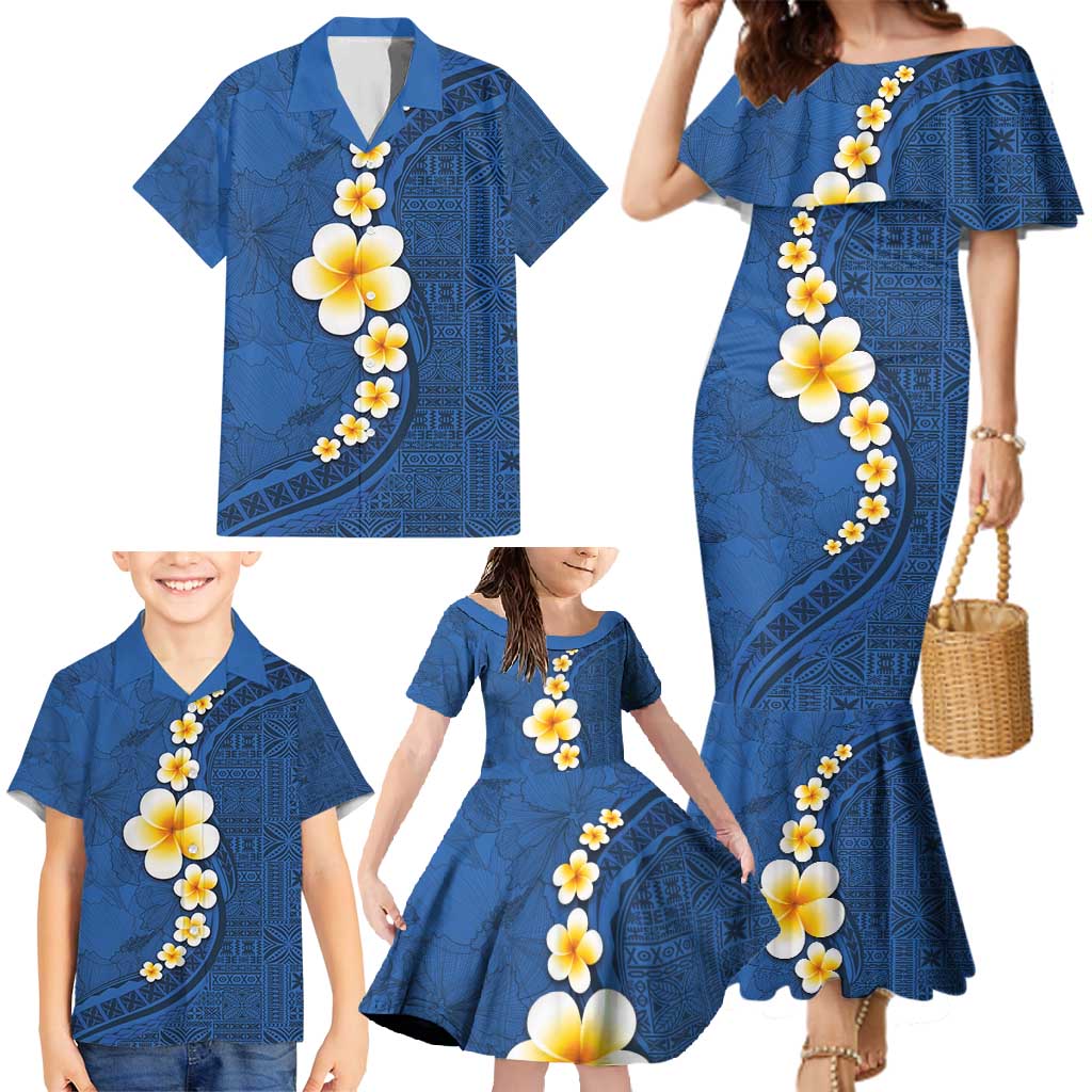 Polynesian Hibiscus and Plumeria with Tapa Pattern Family Matching Mermaid Dress and Hawaiian Shirt Blue Color LT03 - Polynesian Pride