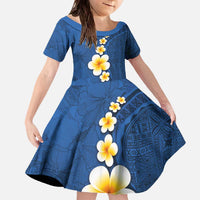 Polynesian Hibiscus and Plumeria with Tapa Pattern Family Matching Off The Shoulder Long Sleeve Dress and Hawaiian Shirt Blue Color LT03 Daughter's Dress Blue - Polynesian Pride