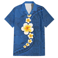 Polynesian Hibiscus and Plumeria with Tapa Pattern Family Matching Off The Shoulder Long Sleeve Dress and Hawaiian Shirt Blue Color LT03 Dad's Shirt - Short Sleeve Blue - Polynesian Pride