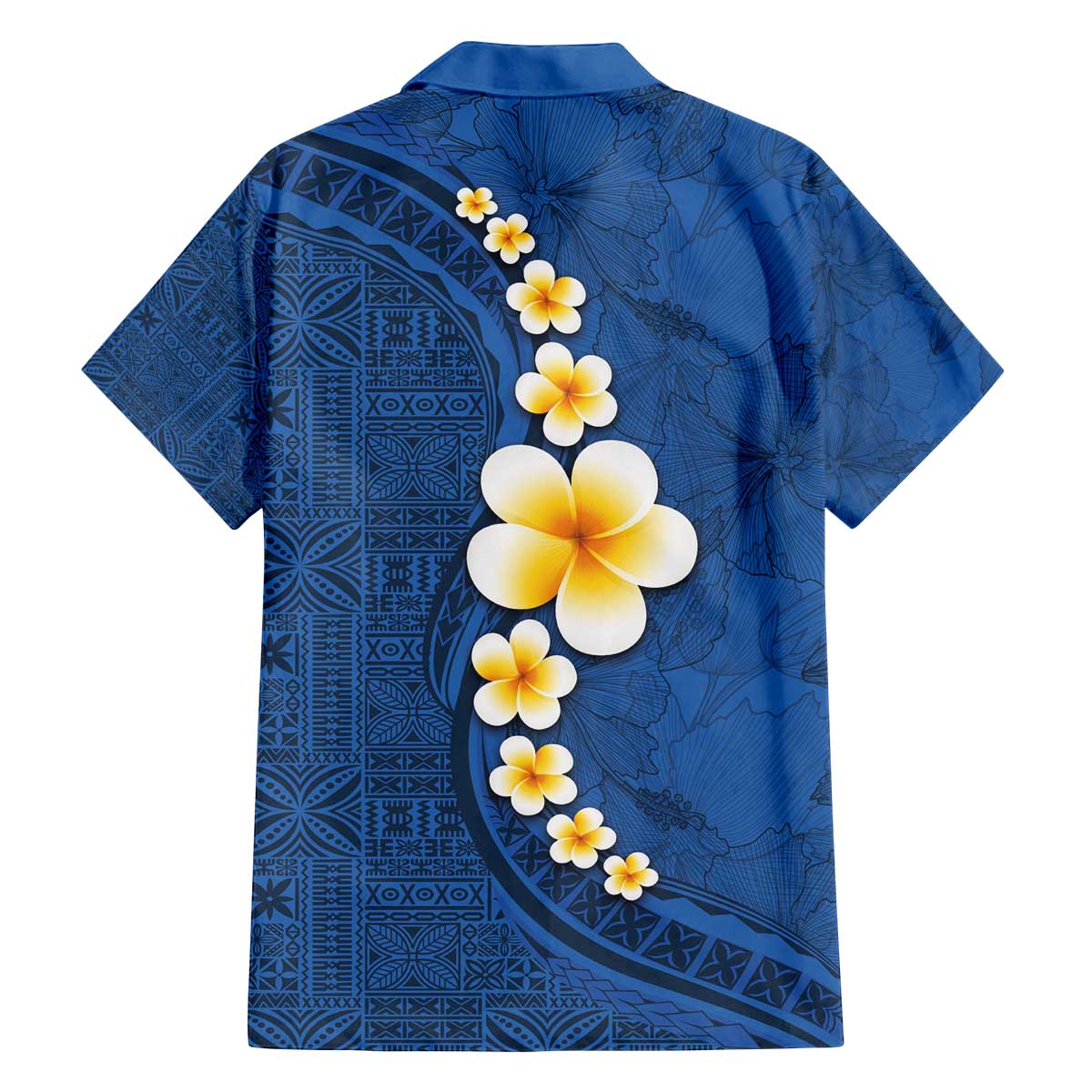Polynesian Hibiscus and Plumeria with Tapa Pattern Family Matching Off The Shoulder Long Sleeve Dress and Hawaiian Shirt Blue Color LT03 - Polynesian Pride