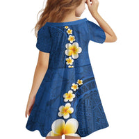 Polynesian Hibiscus and Plumeria with Tapa Pattern Family Matching Off Shoulder Short Dress and Hawaiian Shirt Blue Color