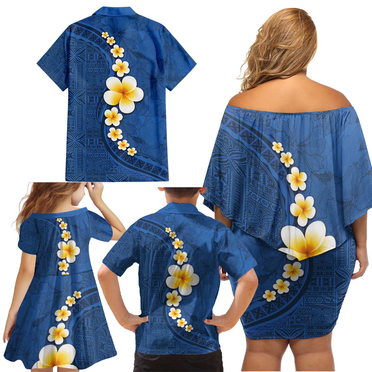Polynesian Hibiscus and Plumeria with Tapa Pattern Family Matching Off Shoulder Short Dress and Hawaiian Shirt Blue Color