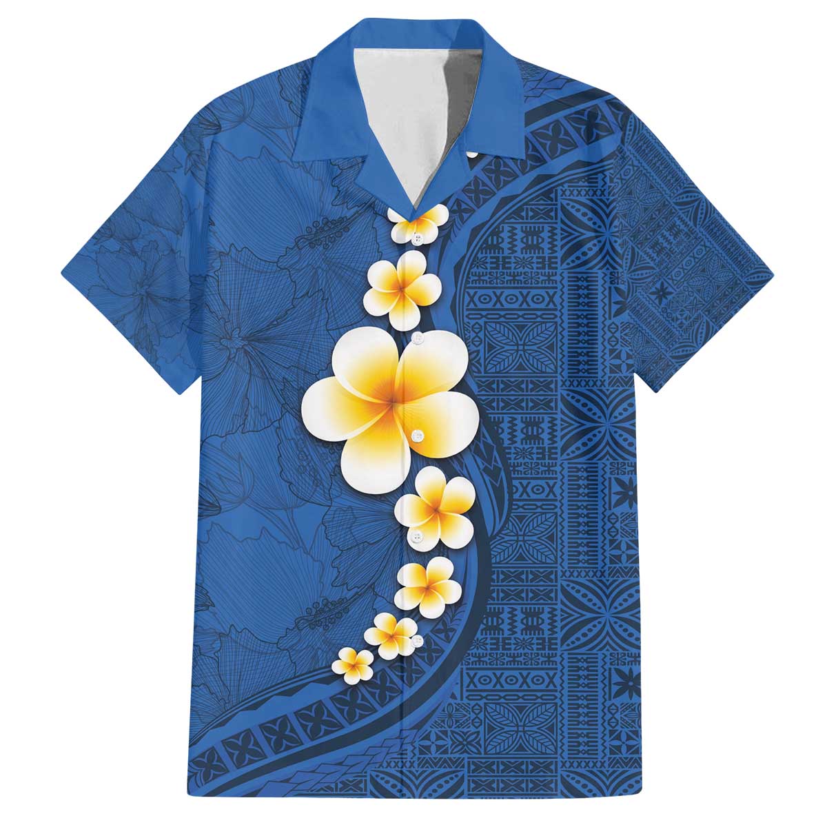 Polynesian Hibiscus and Plumeria with Tapa Pattern Family Matching Off Shoulder Short Dress and Hawaiian Shirt Blue Color