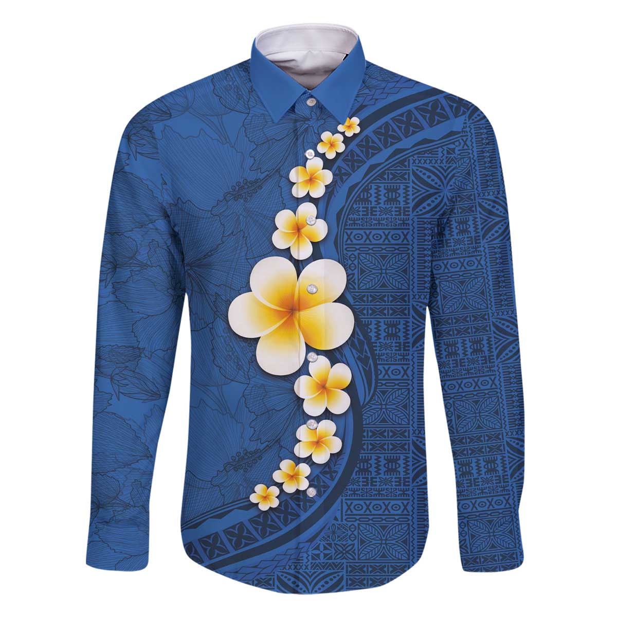 Polynesian Hibiscus and Plumeria with Tapa Pattern Family Matching Off Shoulder Short Dress and Hawaiian Shirt Blue Color