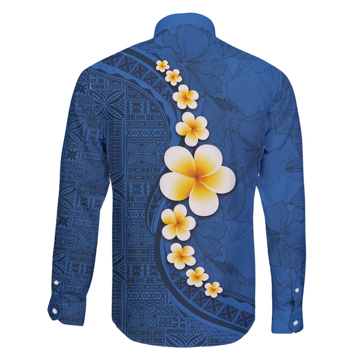 Polynesian Hibiscus and Plumeria with Tapa Pattern Family Matching Off Shoulder Short Dress and Hawaiian Shirt Blue Color