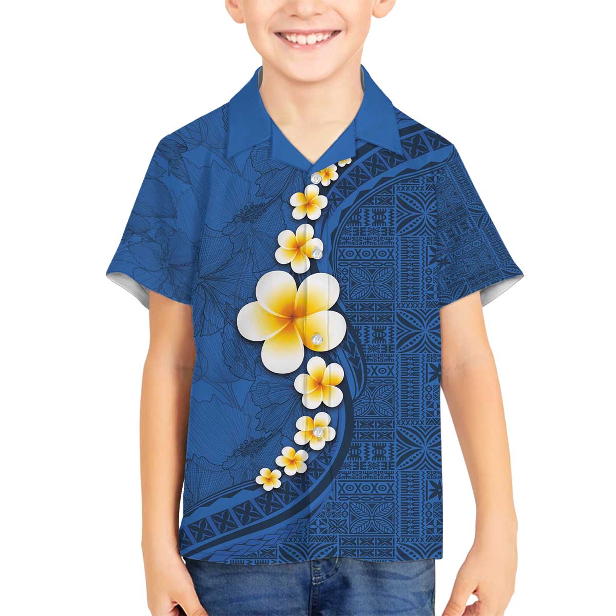 Polynesian Hibiscus and Plumeria with Tapa Pattern Family Matching Off Shoulder Short Dress and Hawaiian Shirt Blue Color