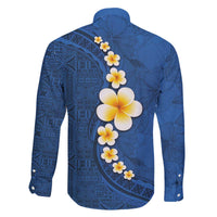 Polynesian Hibiscus and Plumeria with Tapa Pattern Family Matching Puletasi and Hawaiian Shirt Blue Color