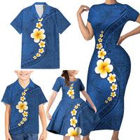 Polynesian Hibiscus and Plumeria with Tapa Pattern Family Matching Short Sleeve Bodycon Dress and Hawaiian Shirt Blue Color