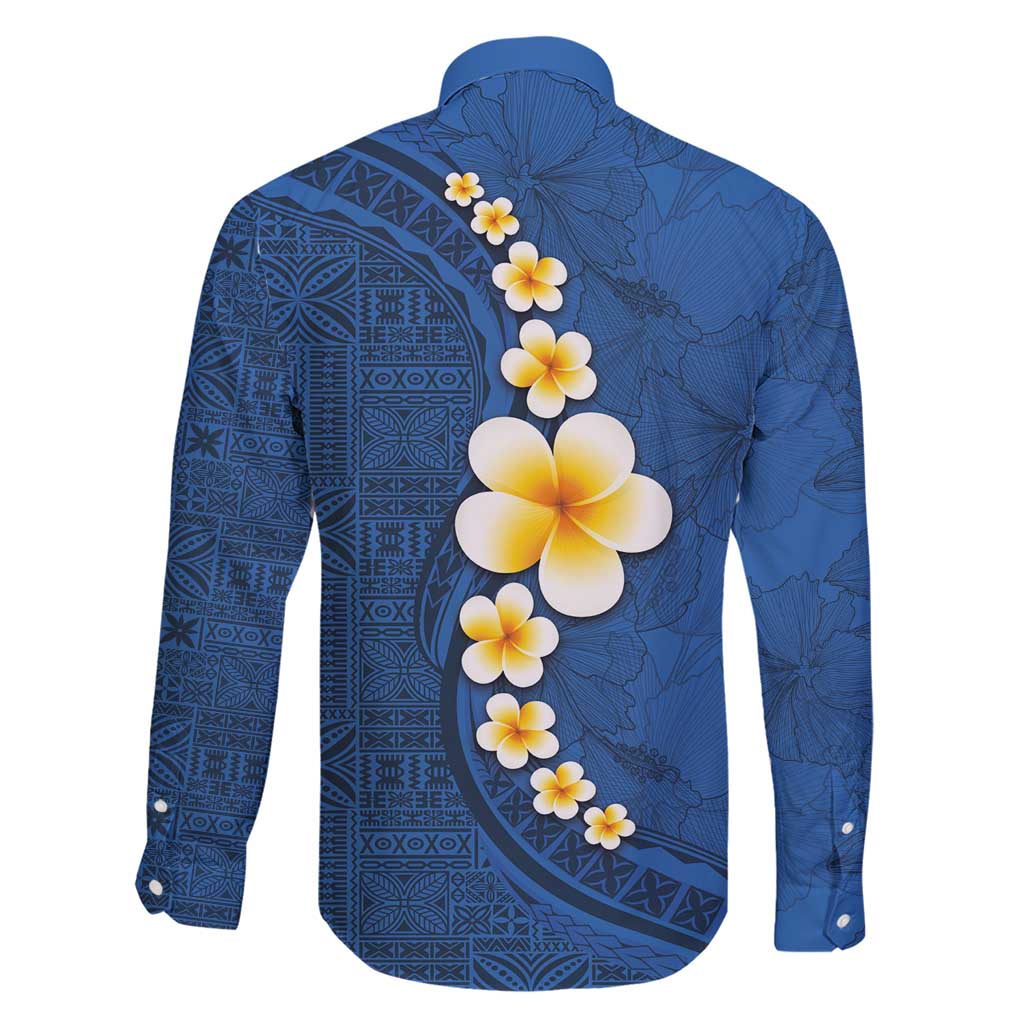 Polynesian Hibiscus and Plumeria with Tapa Pattern Family Matching Short Sleeve Bodycon Dress and Hawaiian Shirt Blue Color
