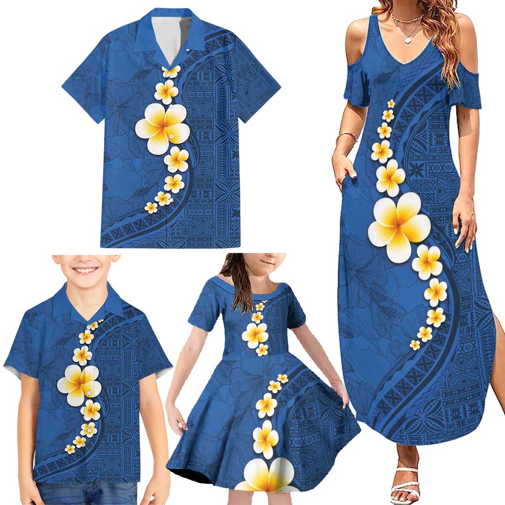 Polynesian Hibiscus and Plumeria with Tapa Pattern Family Matching Summer Maxi Dress and Hawaiian Shirt Blue Color LT03 - Polynesian Pride