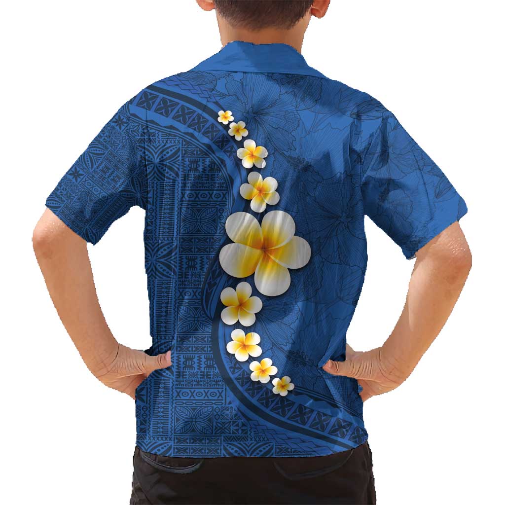 Polynesian Hibiscus and Plumeria with Tapa Pattern Family Matching Tank Maxi Dress and Hawaiian Shirt Blue Color