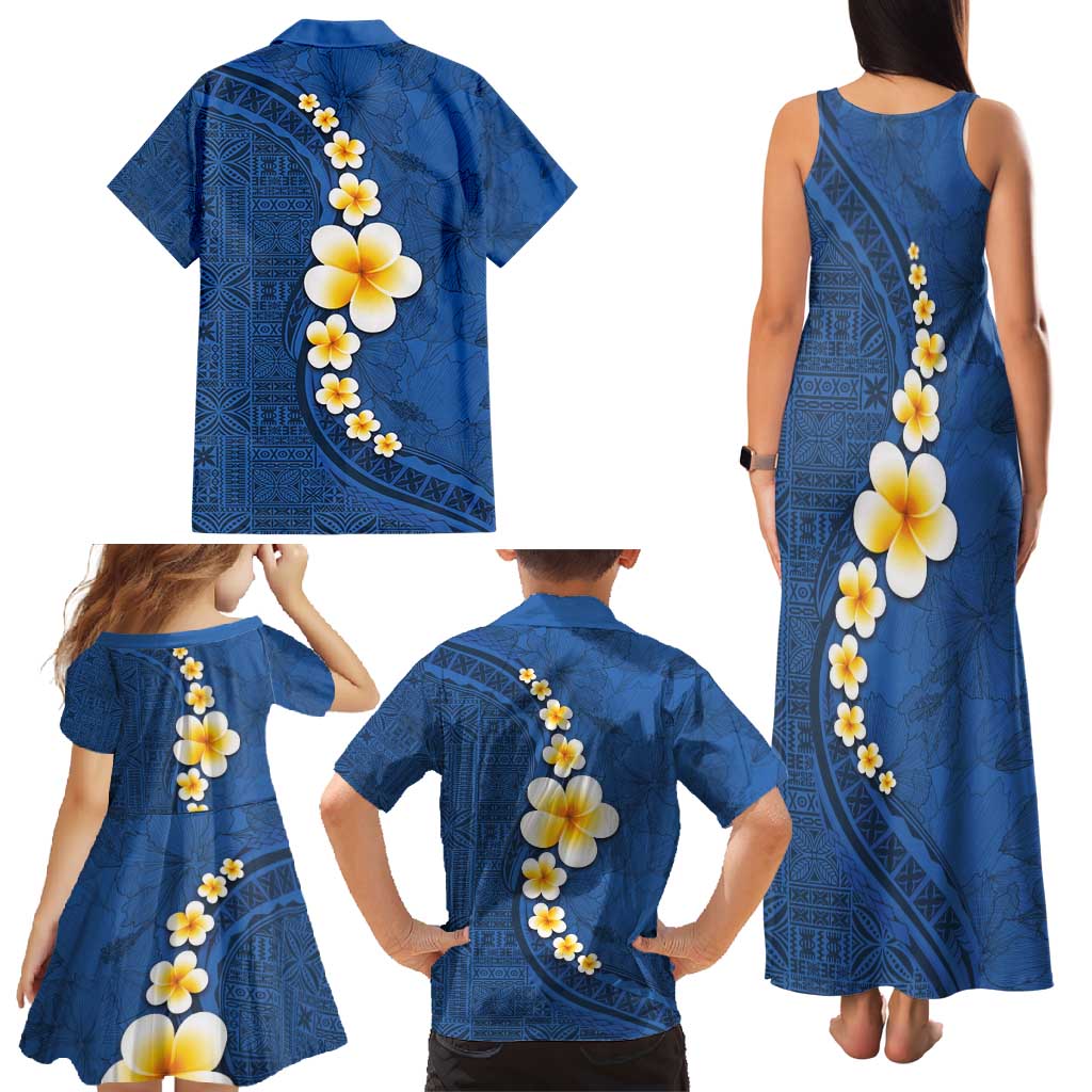Polynesian Hibiscus and Plumeria with Tapa Pattern Family Matching Tank Maxi Dress and Hawaiian Shirt Blue Color