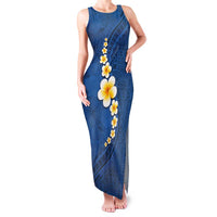 Polynesian Hibiscus and Plumeria with Tapa Pattern Family Matching Tank Maxi Dress and Hawaiian Shirt Blue Color