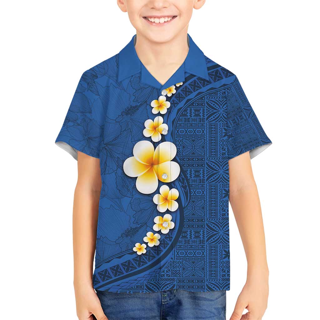 Polynesian Hibiscus and Plumeria with Tapa Pattern Family Matching Tank Maxi Dress and Hawaiian Shirt Blue Color