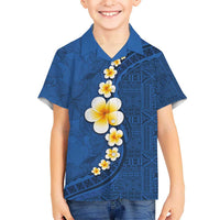 Polynesian Hibiscus and Plumeria with Tapa Pattern Kid Hawaiian Shirt Blue Color