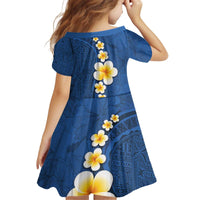 Polynesian Hibiscus and Plumeria with Tapa Pattern Kid Short Sleeve Dress Blue Color