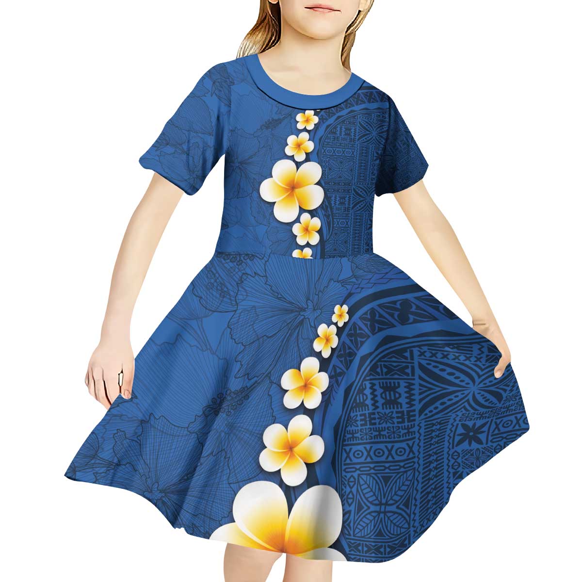 Polynesian Hibiscus and Plumeria with Tapa Pattern Kid Short Sleeve Dress Blue Color