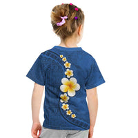 Polynesian Hibiscus and Plumeria with Tapa Pattern Kid T Shirt Blue Color