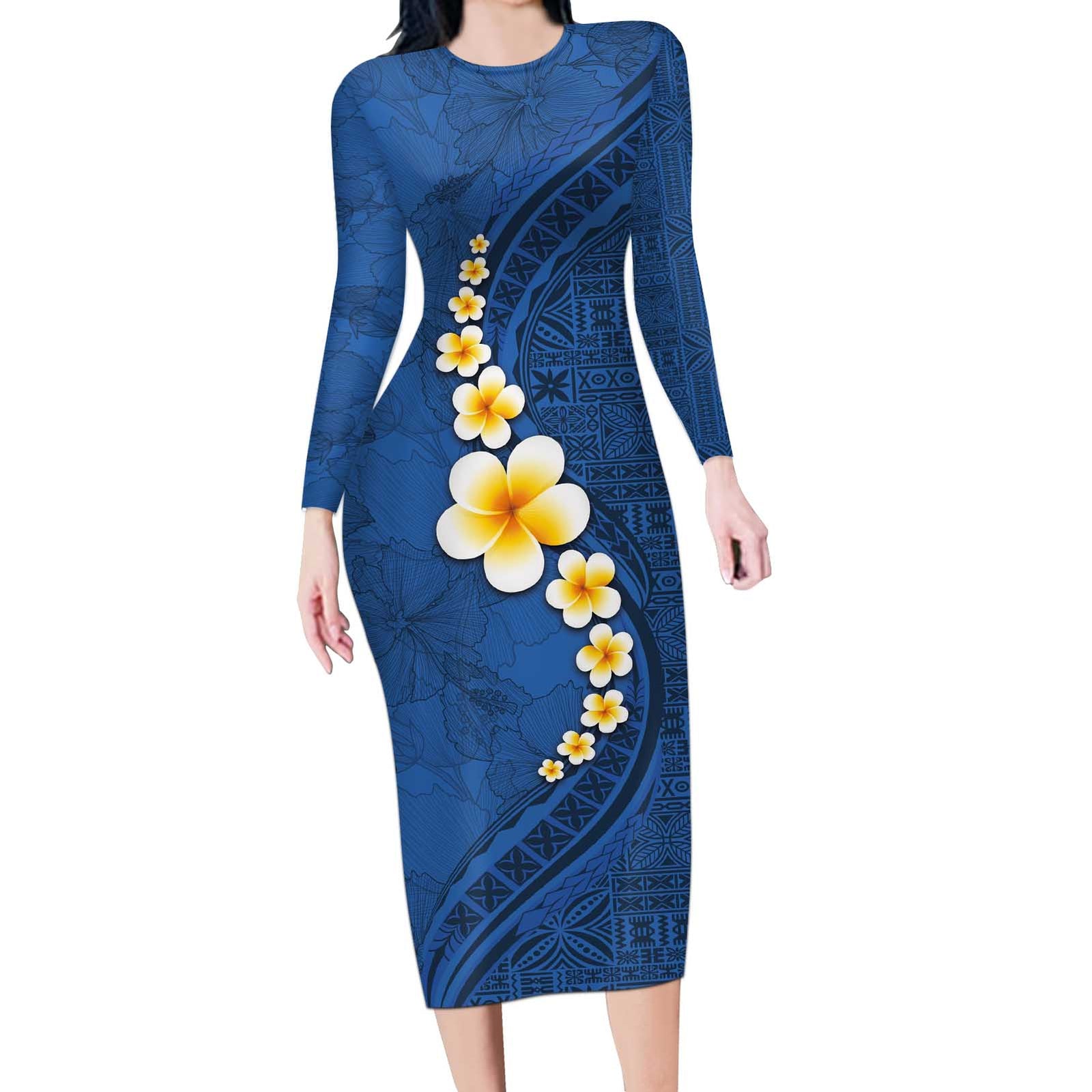 Polynesian Hibiscus and Plumeria with Tapa Pattern Long Sleeve Bodycon Dress Blue Color LT03 Long Dress Blue - Polynesian Pride