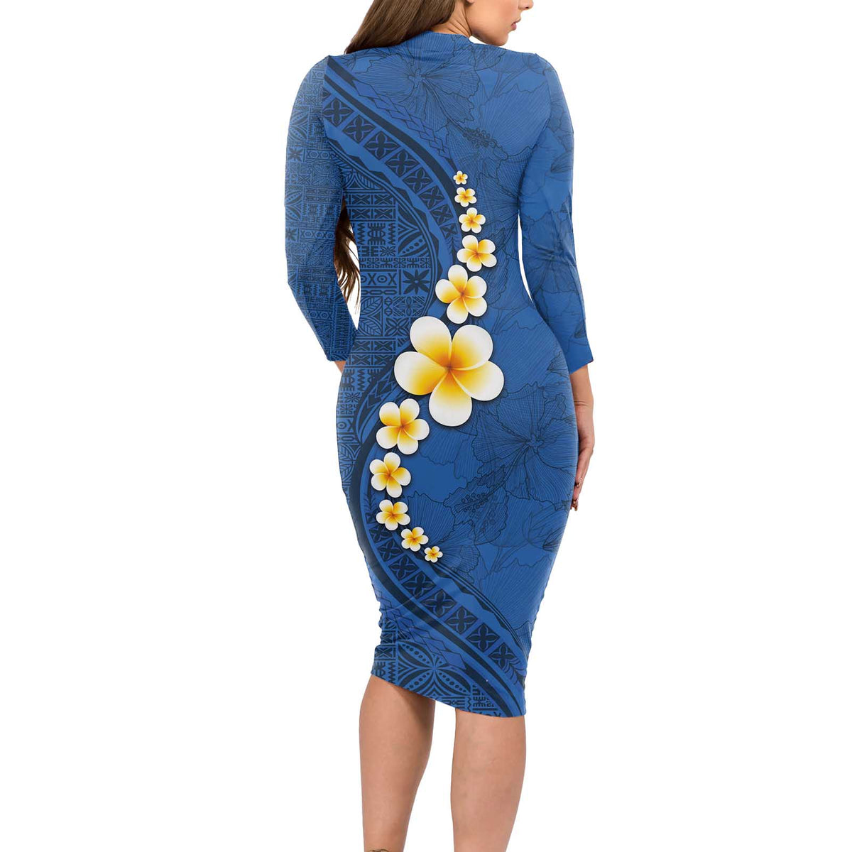 Polynesian Hibiscus and Plumeria with Tapa Pattern Long Sleeve Bodycon Dress Blue Color