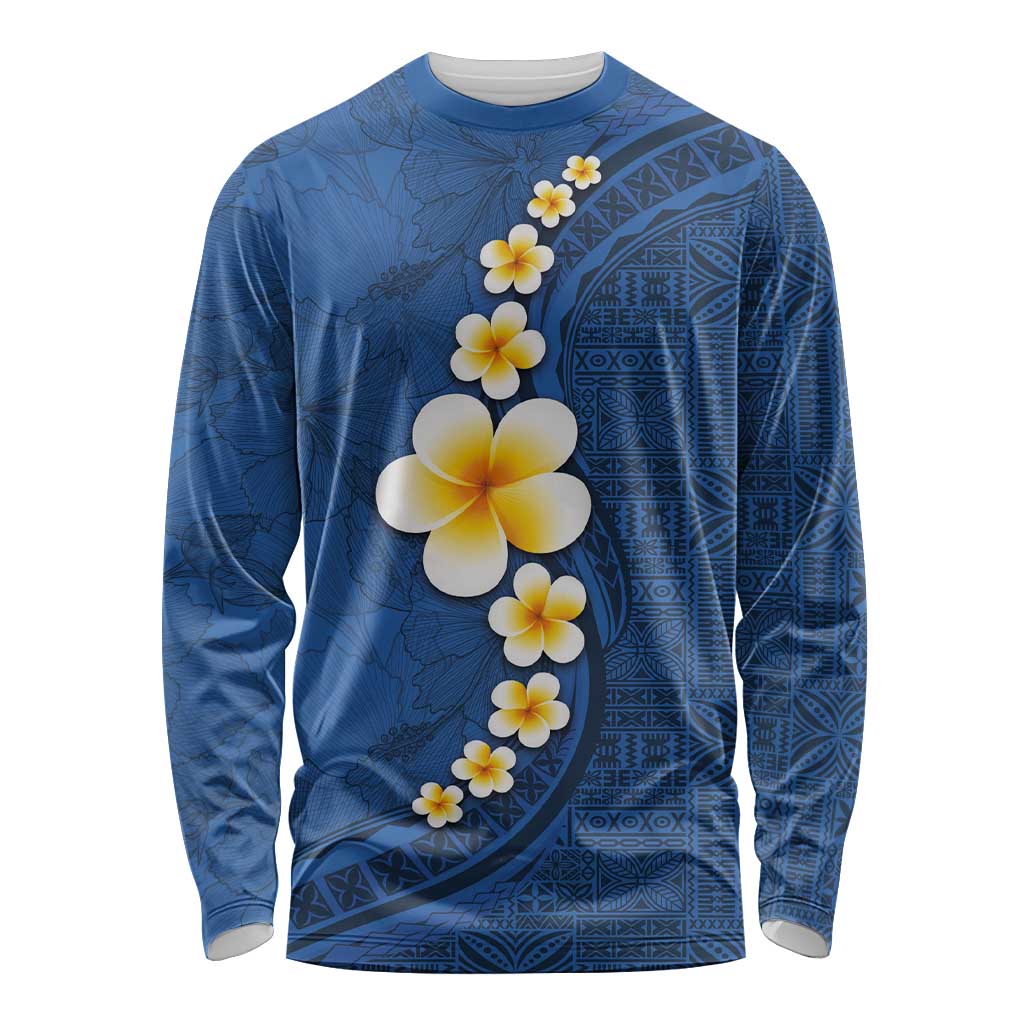 Polynesian Hibiscus and Plumeria with Tapa Pattern Long Sleeve Shirt Blue Color LT03 Unisex Blue - Polynesian Pride