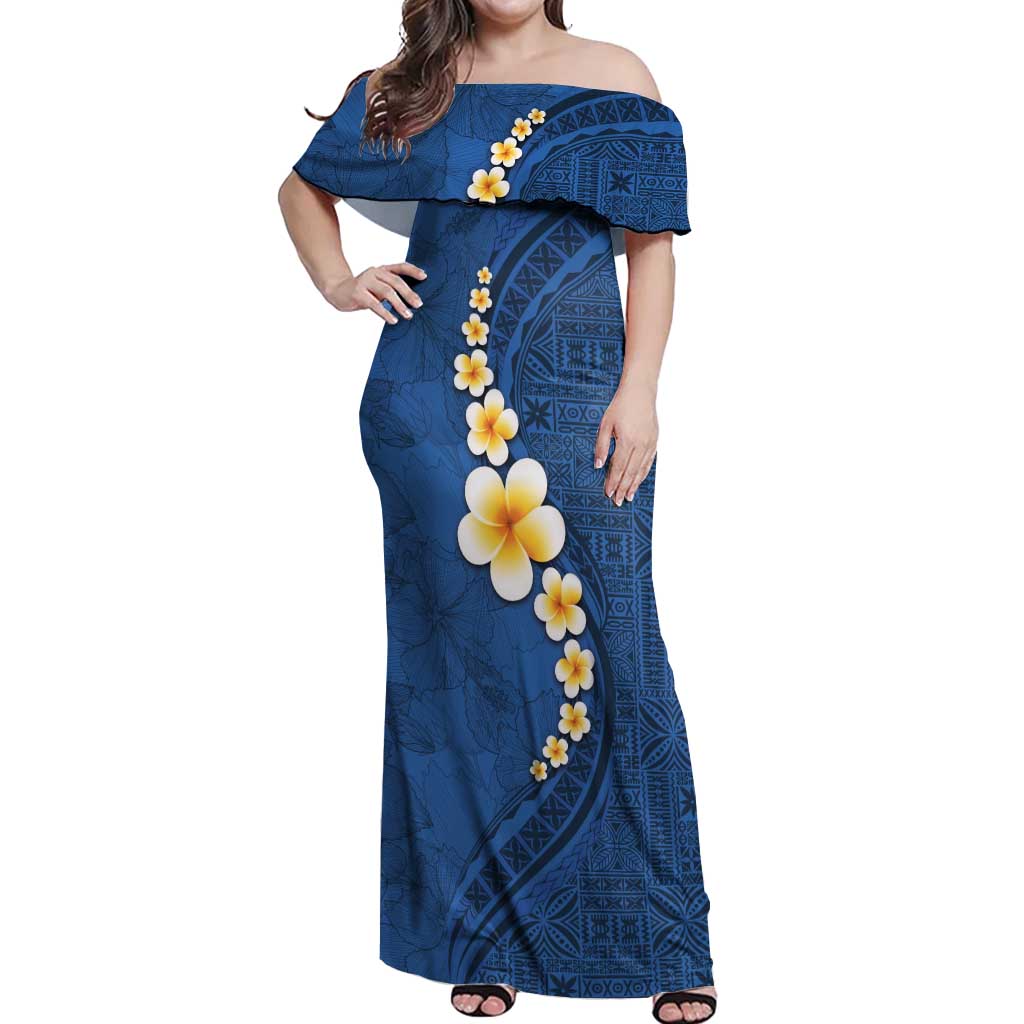 Polynesian Hibiscus and Plumeria with Tapa Pattern Off Shoulder Maxi Dress Blue Color