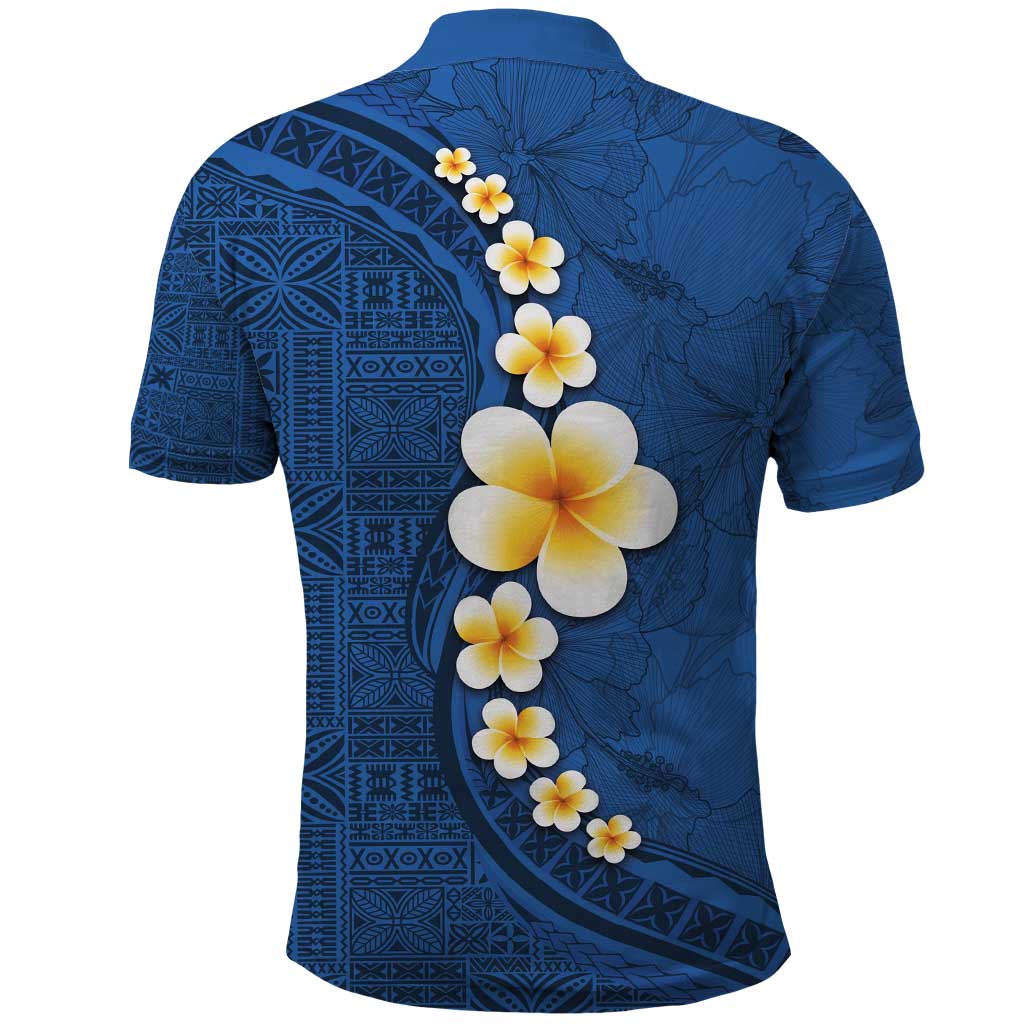 Polynesian Hibiscus and Plumeria with Tapa Pattern Polo Shirt Blue Color