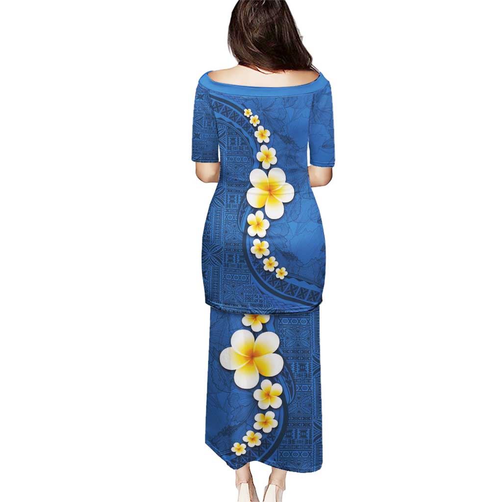 Polynesian Hibiscus and Plumeria with Tapa Pattern Puletasi Blue Color