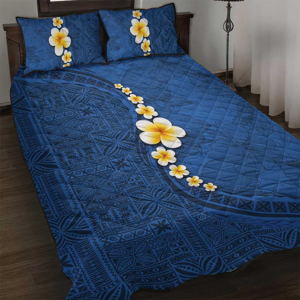 Polynesian Hibiscus and Plumeria with Tapa Pattern Quilt Bed Set Blue Color LT03 Blue - Polynesian Pride