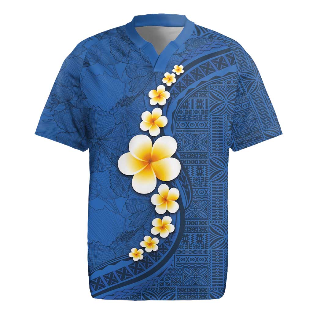 Polynesian Hibiscus and Plumeria with Tapa Pattern Rugby Jersey Blue Color