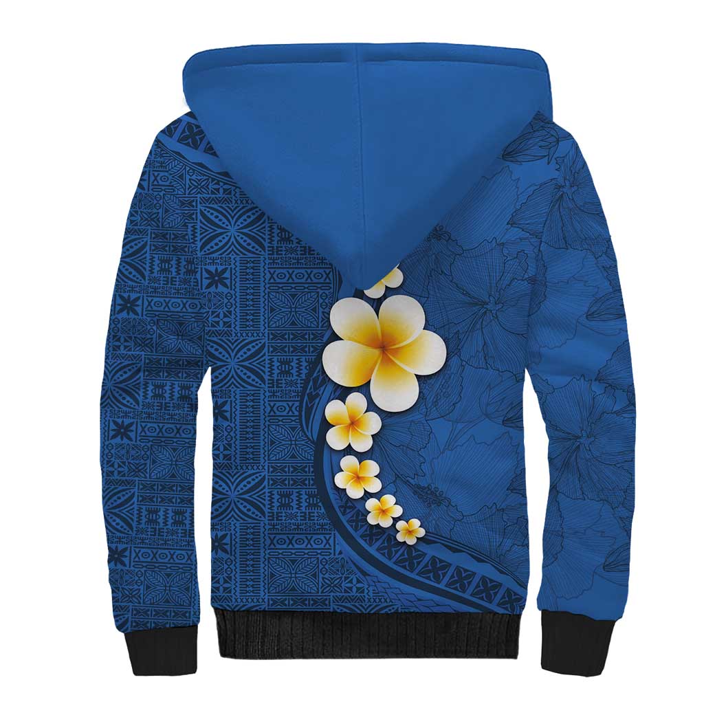 Polynesian Hibiscus and Plumeria with Tapa Pattern Sherpa Hoodie Blue Color