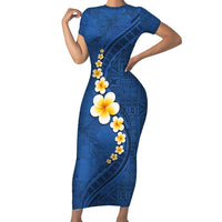 Polynesian Hibiscus and Plumeria with Tapa Pattern Short Sleeve Bodycon Dress Blue Color LT03 Long Dress Blue - Polynesian Pride