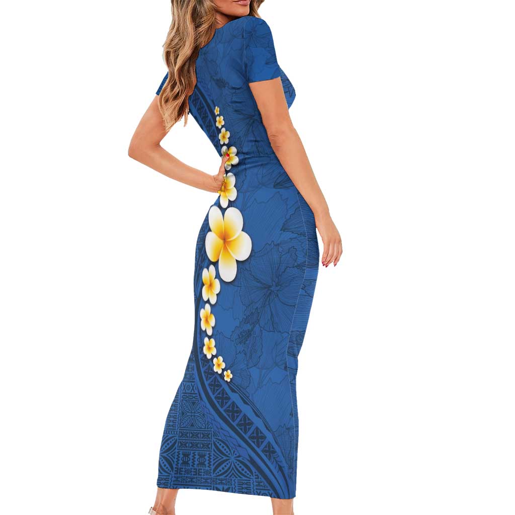 Polynesian Hibiscus and Plumeria with Tapa Pattern Short Sleeve Bodycon Dress Blue Color LT03 - Polynesian Pride
