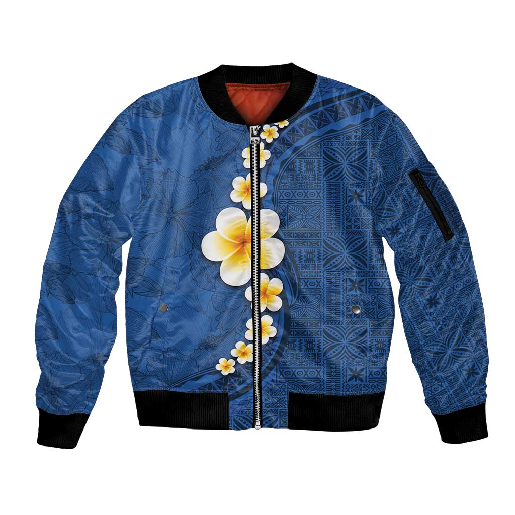 Polynesian Hibiscus and Plumeria with Tapa Pattern Sleeve Zip Bomber Jacket Blue Color LT03 Unisex Blue - Polynesian Pride