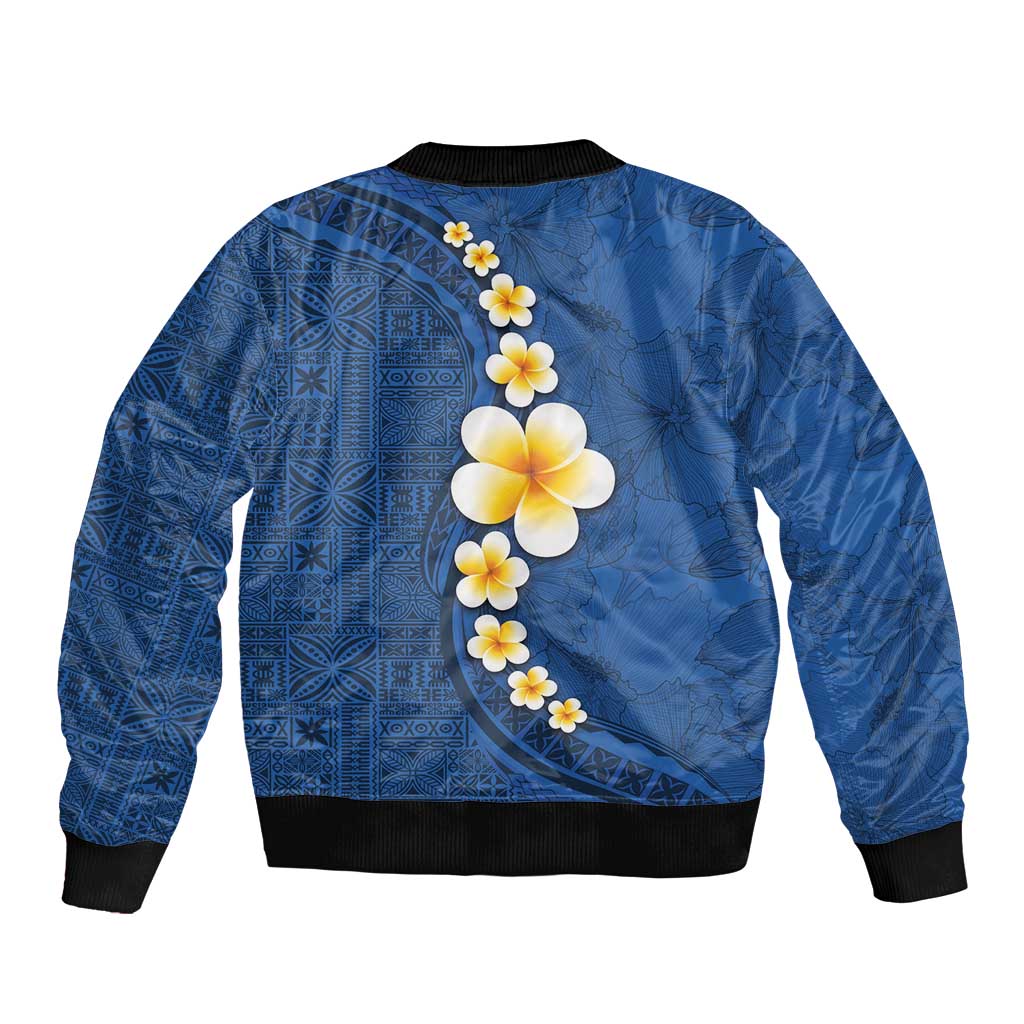 Polynesian Hibiscus and Plumeria with Tapa Pattern Sleeve Zip Bomber Jacket Blue Color