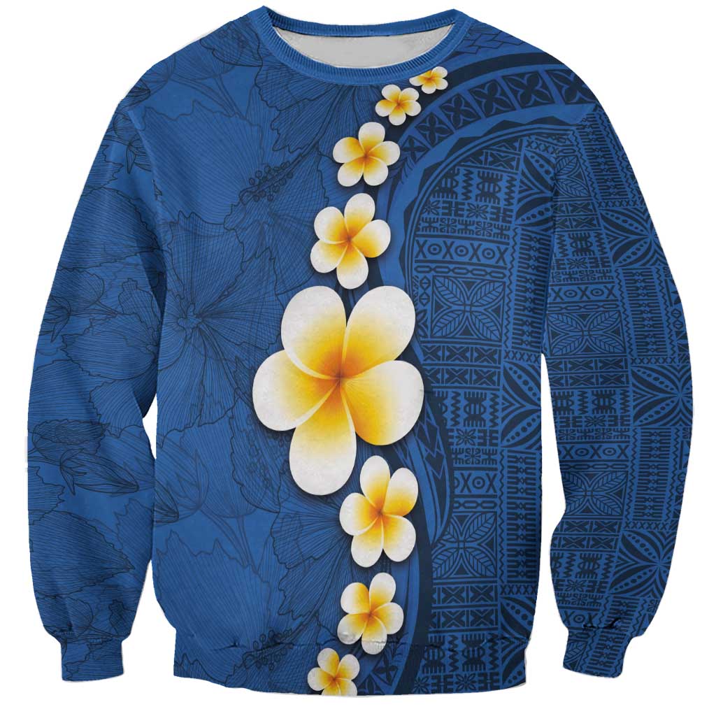 Polynesian Hibiscus and Plumeria with Tapa Pattern Sweatshirt Blue Color