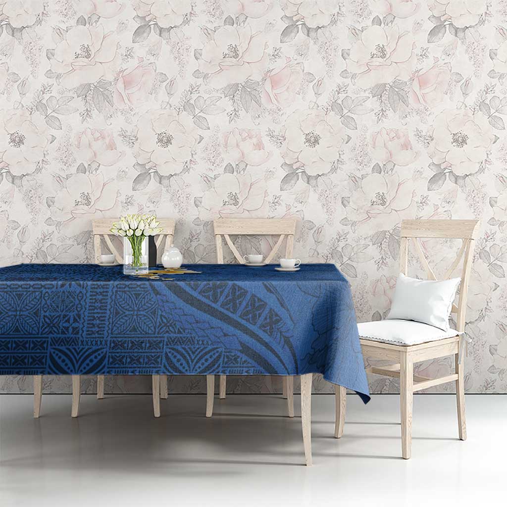 Polynesian Hibiscus and Plumeria with Tapa Pattern Tablecloth Blue Color