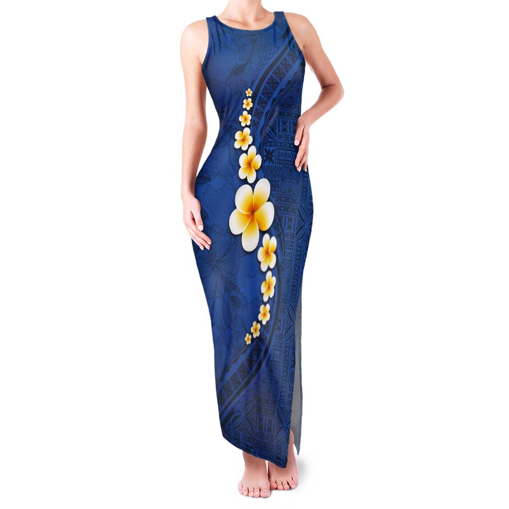 Polynesian Hibiscus and Plumeria with Tapa Pattern Tank Maxi Dress Blue Color