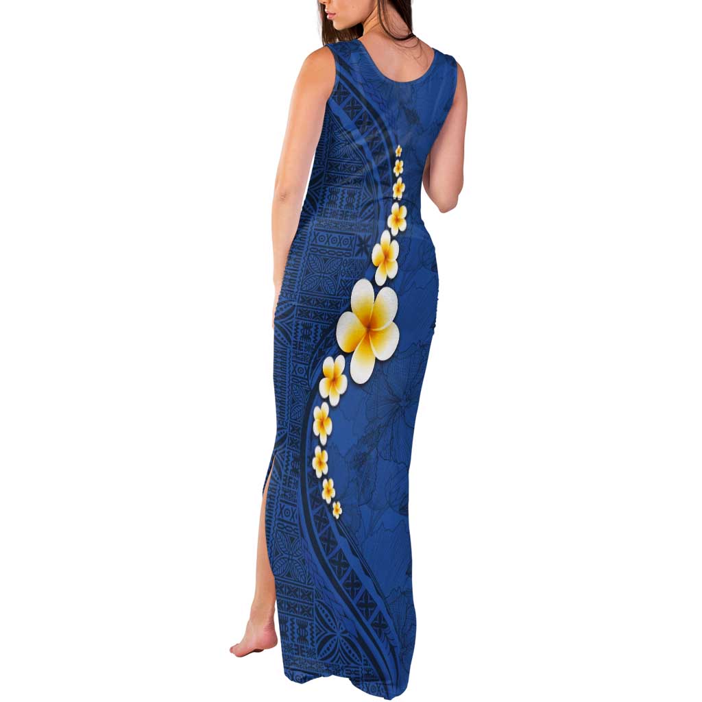 Polynesian Hibiscus and Plumeria with Tapa Pattern Tank Maxi Dress Blue Color