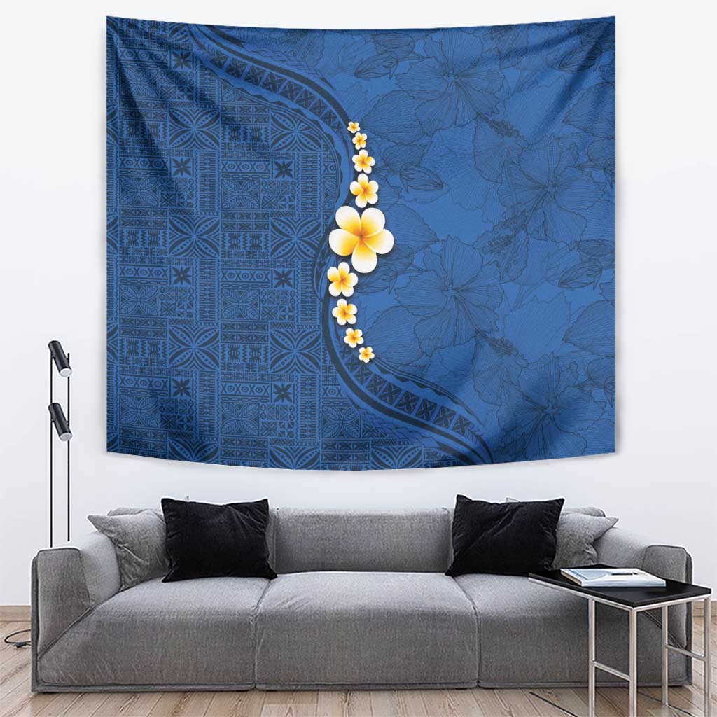 Polynesian Hibiscus and Plumeria with Tapa Pattern Tapestry Blue Color LT03 Blue - Polynesian Pride
