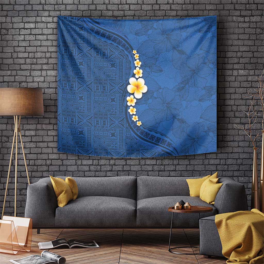 Polynesian Hibiscus and Plumeria with Tapa Pattern Tapestry Blue Color