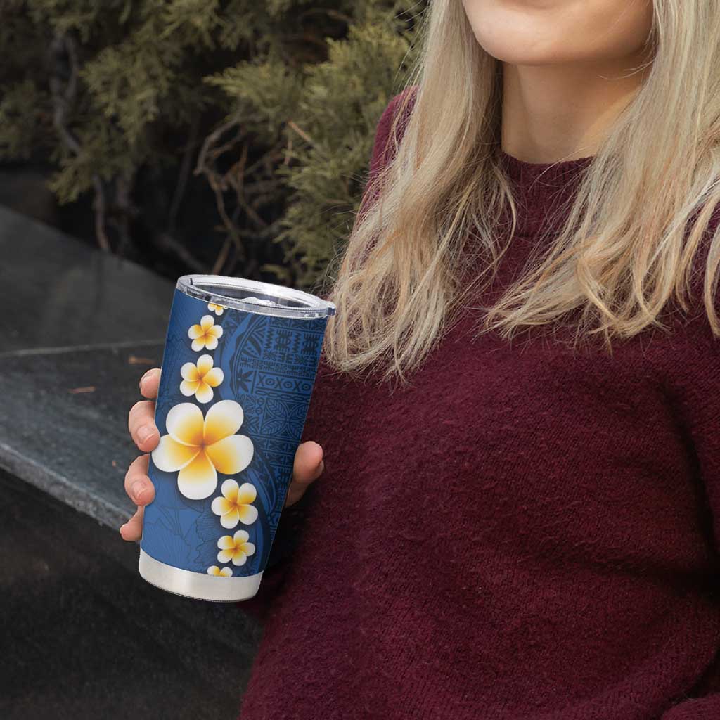 Polynesian Hibiscus and Plumeria with Tapa Pattern Tumbler Cup Blue Color