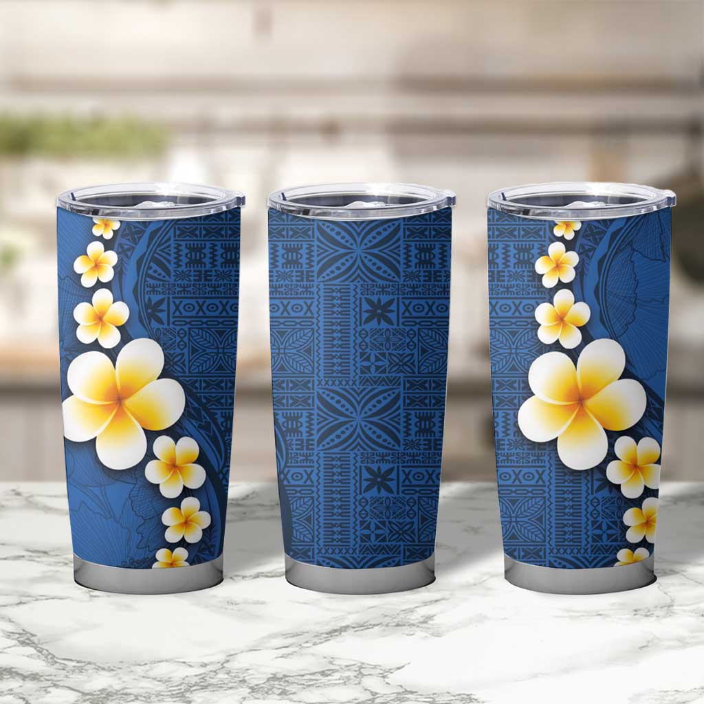 Polynesian Hibiscus and Plumeria with Tapa Pattern Tumbler Cup Blue Color