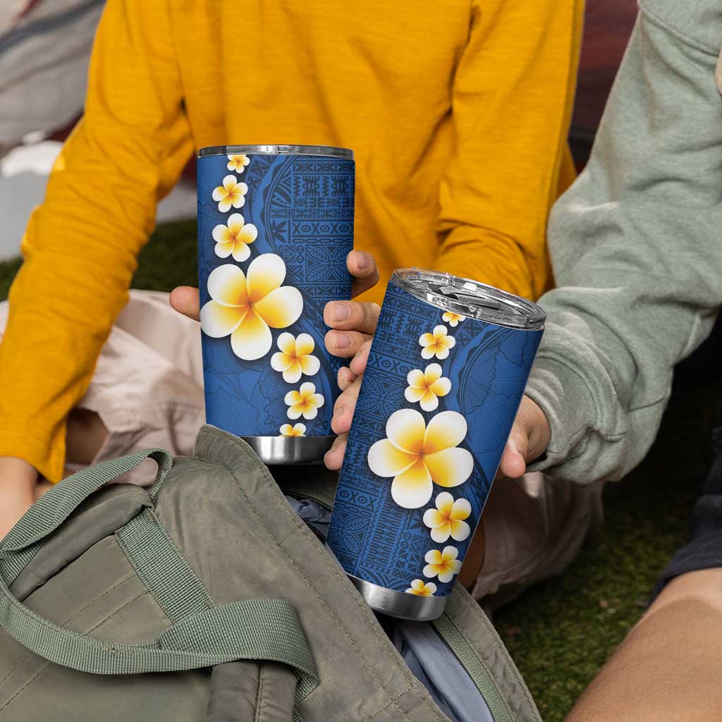 Polynesian Hibiscus and Plumeria with Tapa Pattern Tumbler Cup Blue Color