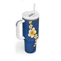Polynesian Hibiscus and Plumeria with Tapa Pattern Tumbler With Handle Blue Color