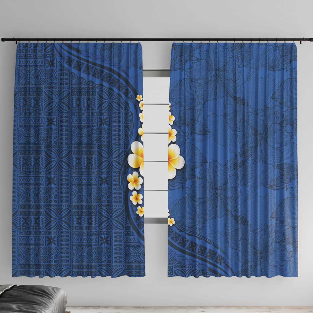 Polynesian Hibiscus and Plumeria with Tapa Pattern Window Curtain Blue Color LT03 With Hooks Blue - Polynesian Pride
