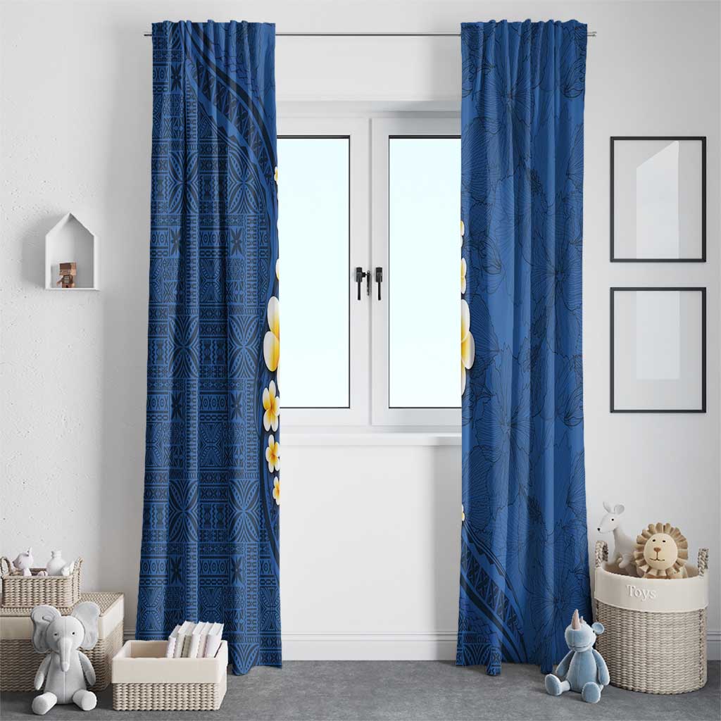 Polynesian Hibiscus and Plumeria with Tapa Pattern Window Curtain Blue Color