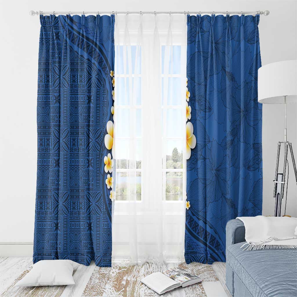 Polynesian Hibiscus and Plumeria with Tapa Pattern Window Curtain Blue Color