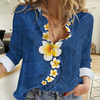 Polynesian Hibiscus and Plumeria with Tapa Pattern Women Casual Shirt Blue Color