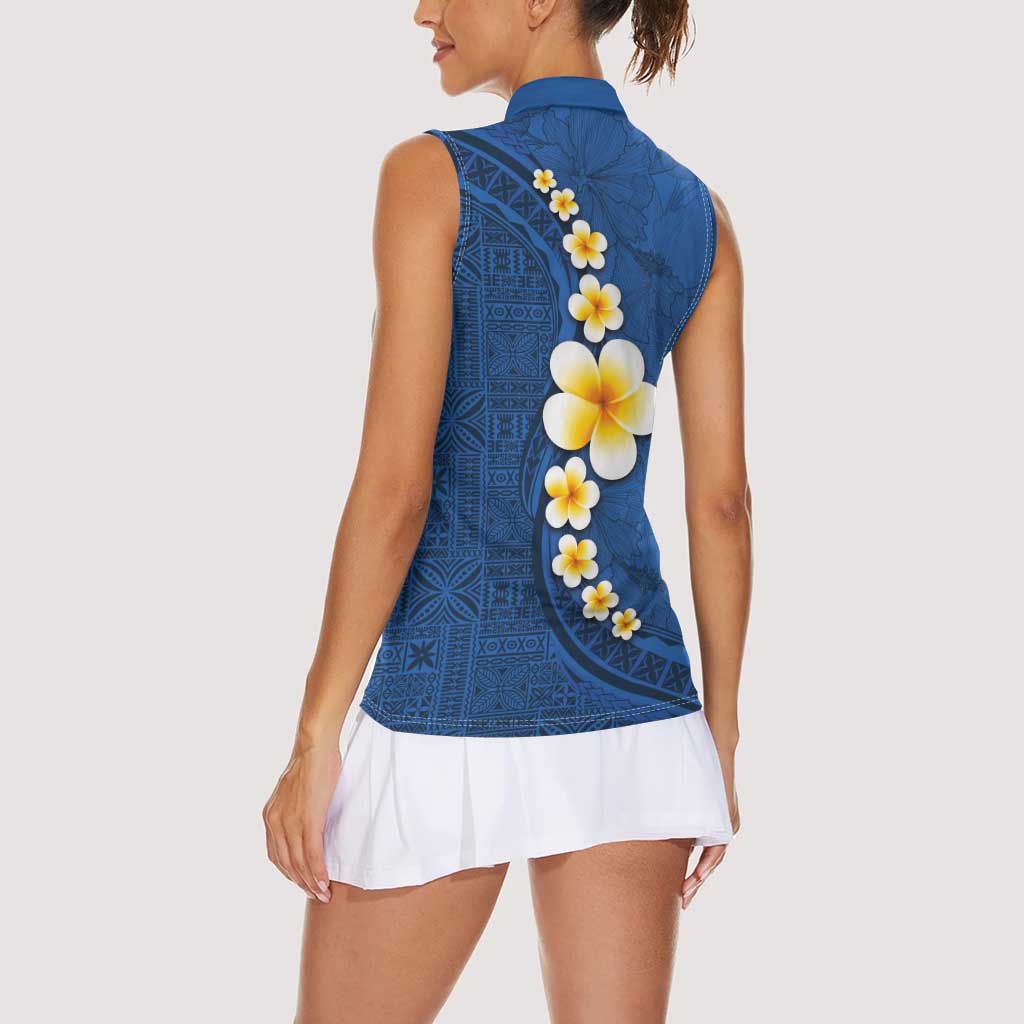 Polynesian Hibiscus and Plumeria with Tapa Pattern Women Sleeveless Polo Shirt Blue Color